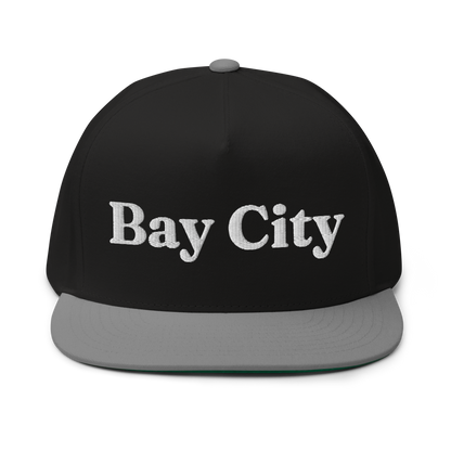 'Bay City' Flat Bill Snapback | Black/White Embroidery