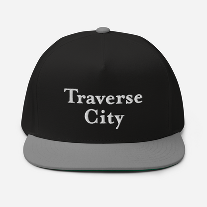 'Traverse City' Flat Bill Snapback | White/Black Embroidery