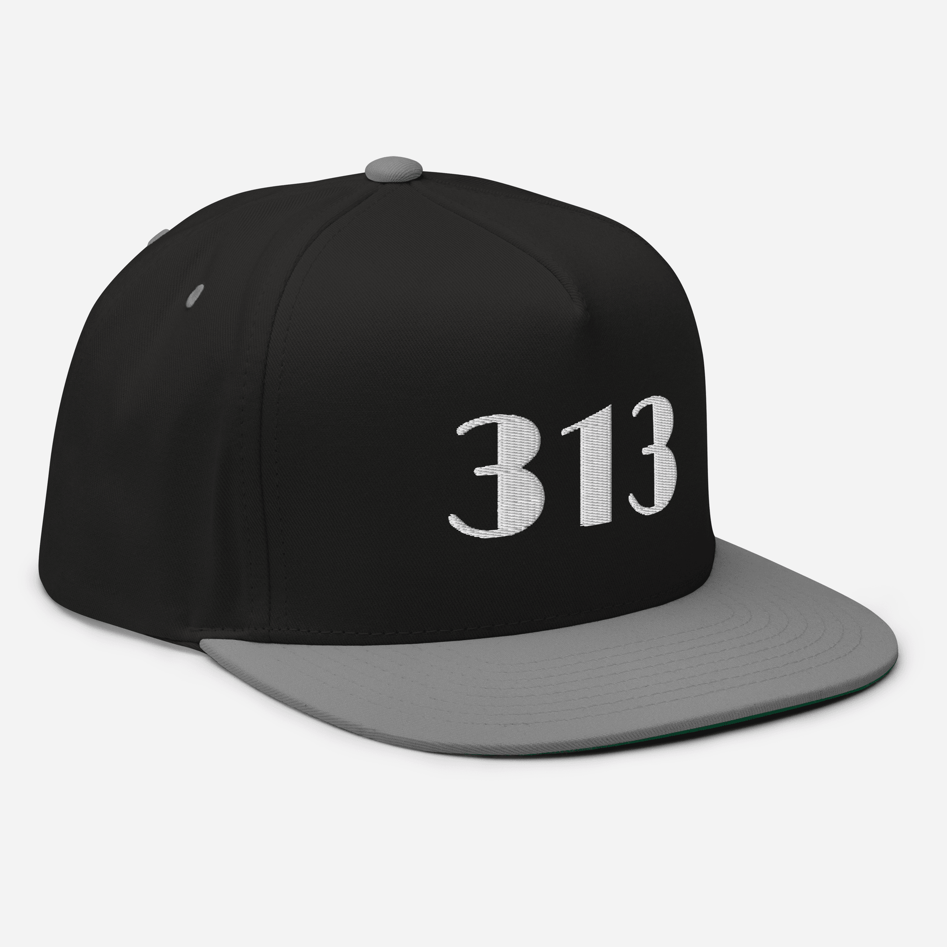 Detroit '313' Flat Bill Cap (Art Deco Font) | White/Black Embroidery - Circumspice Michigan