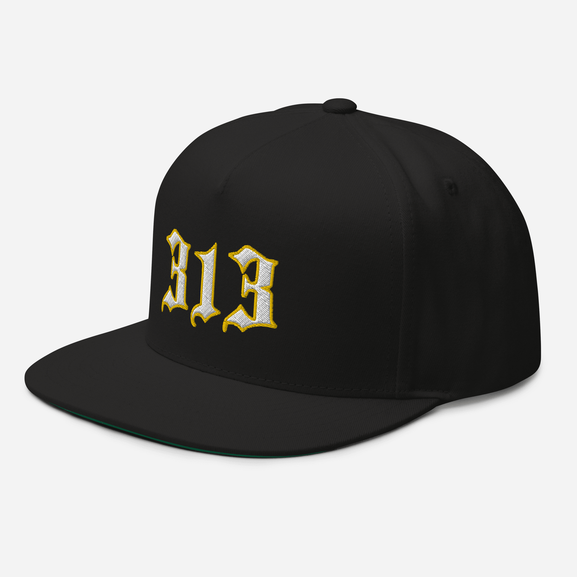 Detroit '313' Flat Bill Cap (Old English Font) | White/Gold Embroidery - Circumspice Michigan