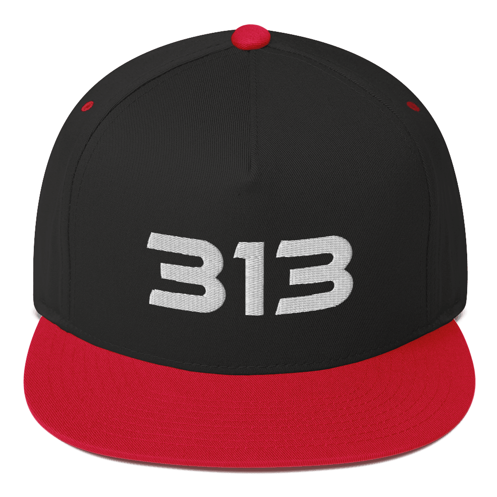 Detroit '313' Flat Bill Cap (Futuristic Sans Font) | White/Black Embroidery - Circumspice Michigan