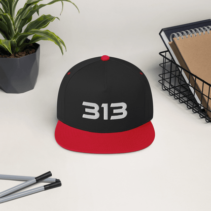 Detroit '313' Flat Bill Cap (Futuristic Sans Font) | White/Black Embroidery - Circumspice Michigan