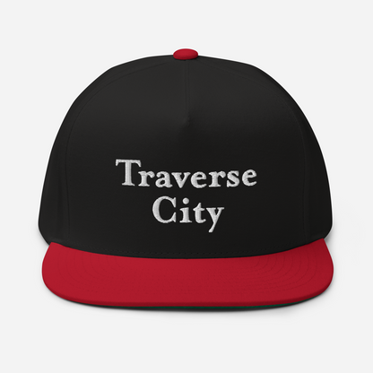 'Traverse City' Flat Bill Snapback | White/Black Embroidery