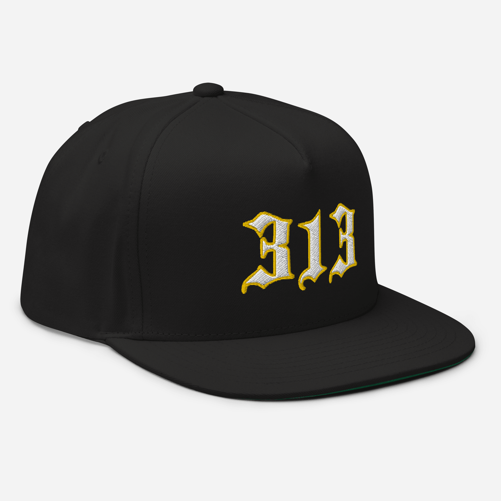 Detroit '313' Flat Bill Cap (Old English Font) | White/Gold Embroidery - Circumspice Michigan