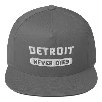 'Detroit Never Dies' Flat-Bill Cap | White/Black Embroidery - Circumspice Michigan