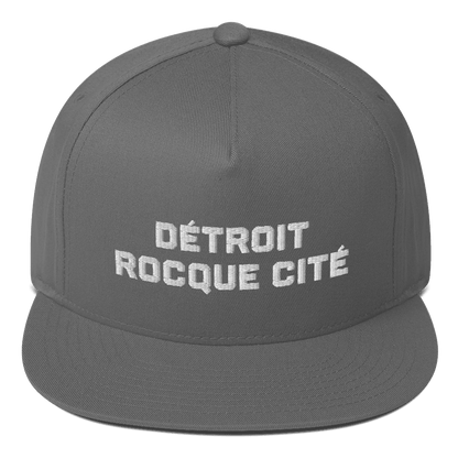 'Détroit Rocque Cité' Flat Bill Cap (Athletic Font) | White/Black Embroidery - Circumspice Michigan