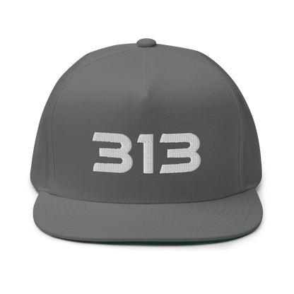 Detroit '313' Flat Bill Cap (Futuristic Sans Font) | White/Black Embroidery - Circumspice Michigan