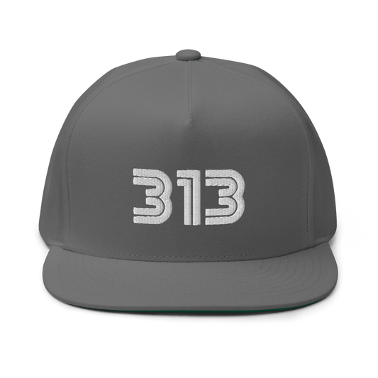 Detroit '313' Flat Bill Cap (1970s Audiophile Font) | White/Black Embroidery - Circumspice Michigan