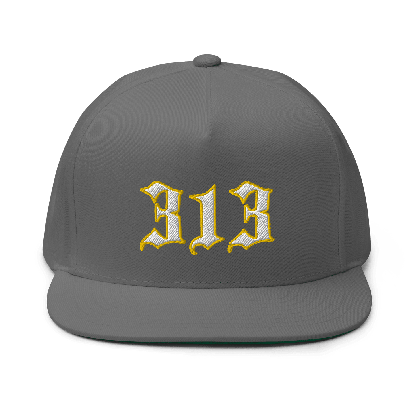 Detroit '313' Flat Bill Cap (Old English Font) | White/Gold Embroidery - Circumspice Michigan