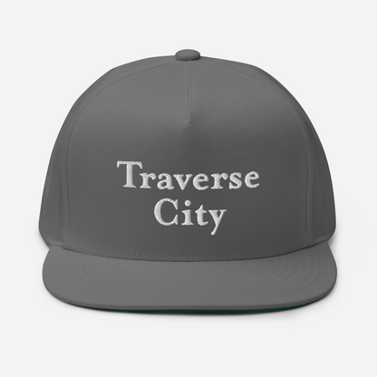 'Traverse City' Flat Bill Snapback | White/Black Embroidery