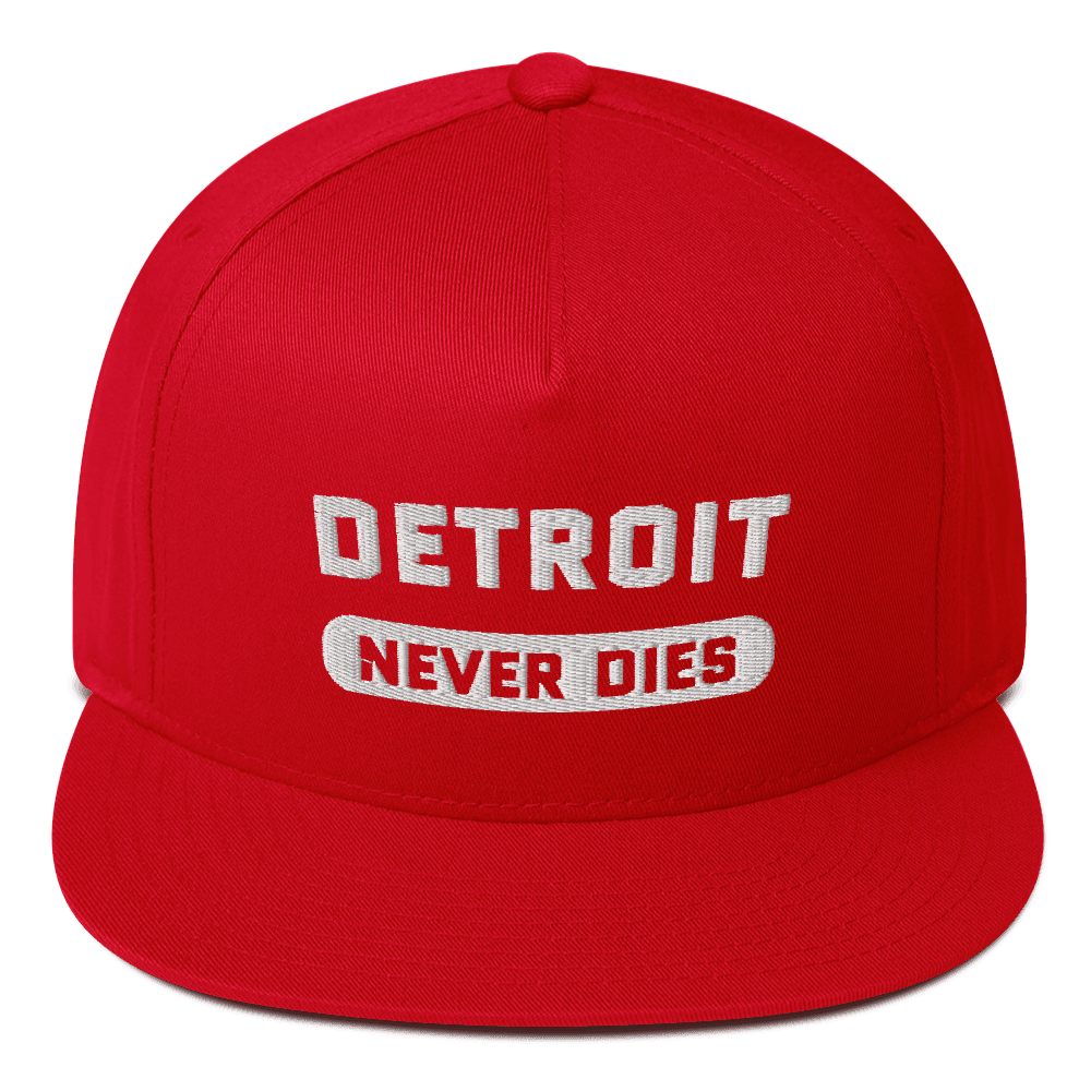 'Detroit Never Dies' Flat-Bill Cap | White/Black Embroidery - Circumspice Michigan