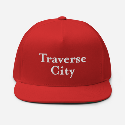 'Traverse City' Flat Bill Snapback | White/Black Embroidery