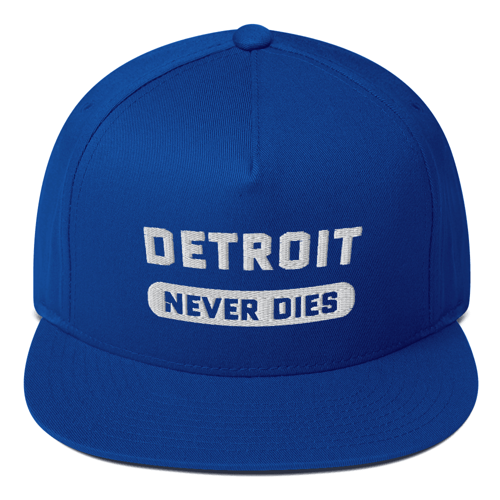 'Detroit Never Dies' Flat-Bill Cap | White/Black Embroidery - Circumspice Michigan