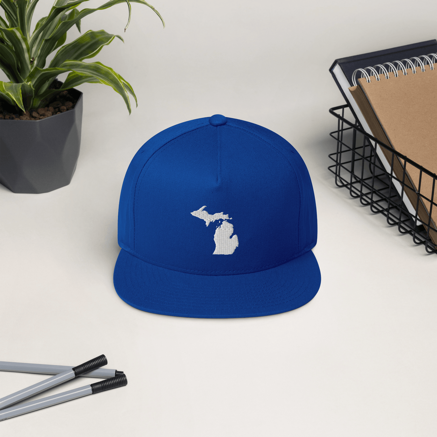 Michigan Outline Flat Bill Cap | White/Navy Embroidery - Circumspice Michigan