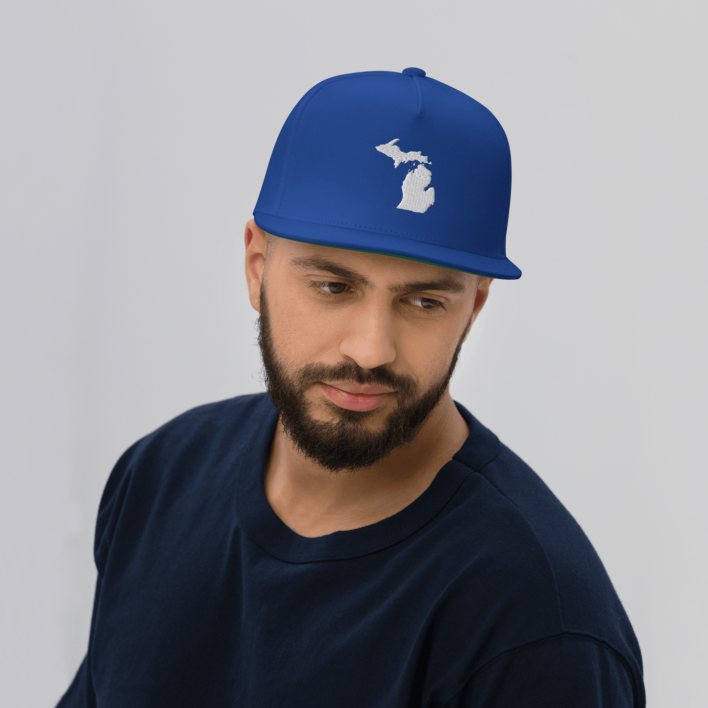 Michigan Outline Flat Bill Cap | White/Navy Embroidery - Circumspice Michigan