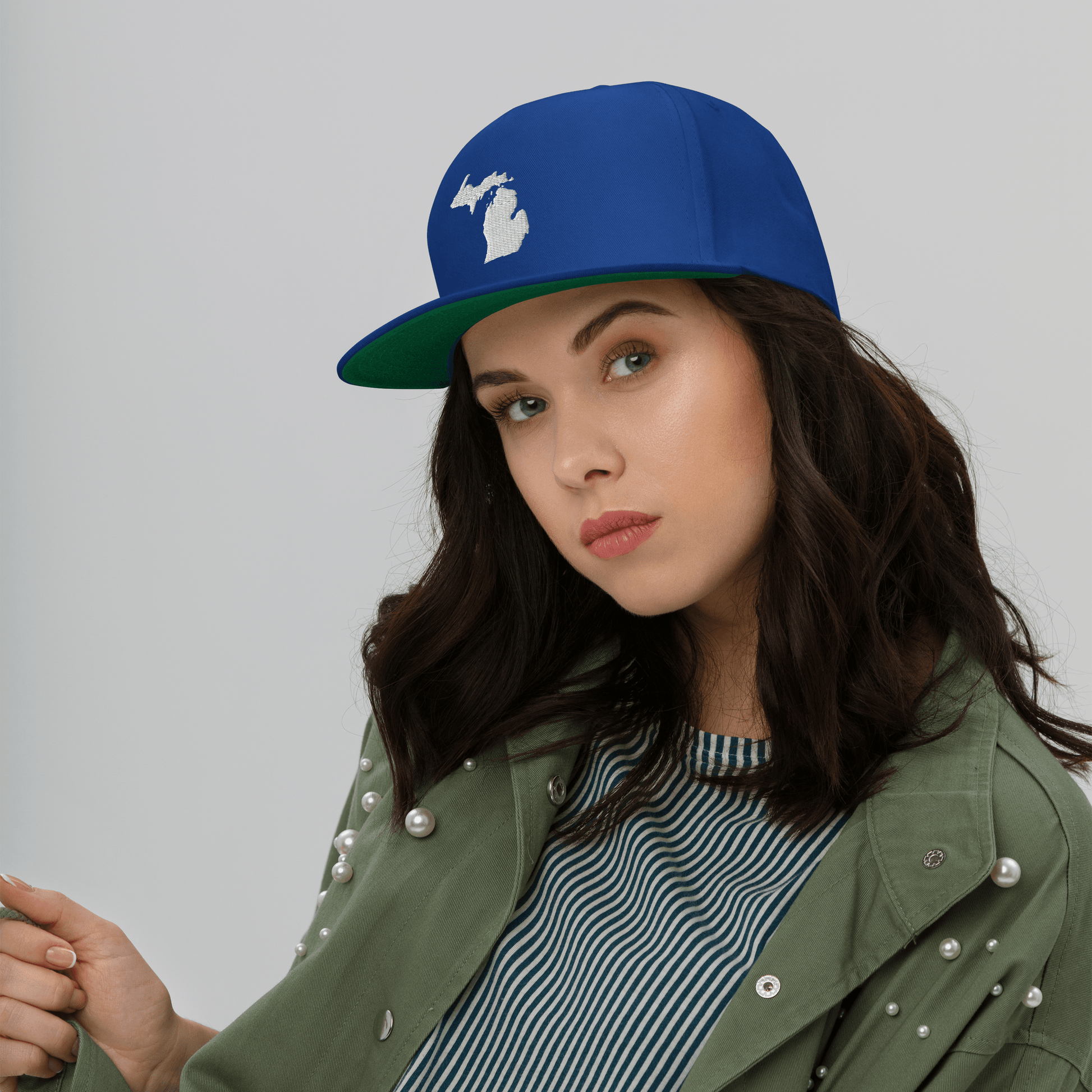 Michigan Outline Flat Bill Cap | White/Navy Embroidery - Circumspice Michigan