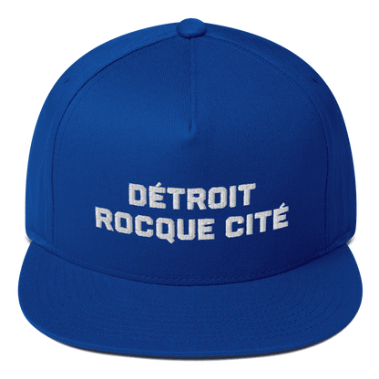 'Détroit Rocque Cité' Flat Bill Cap (Athletic Font) | White/Black Embroidery - Circumspice Michigan