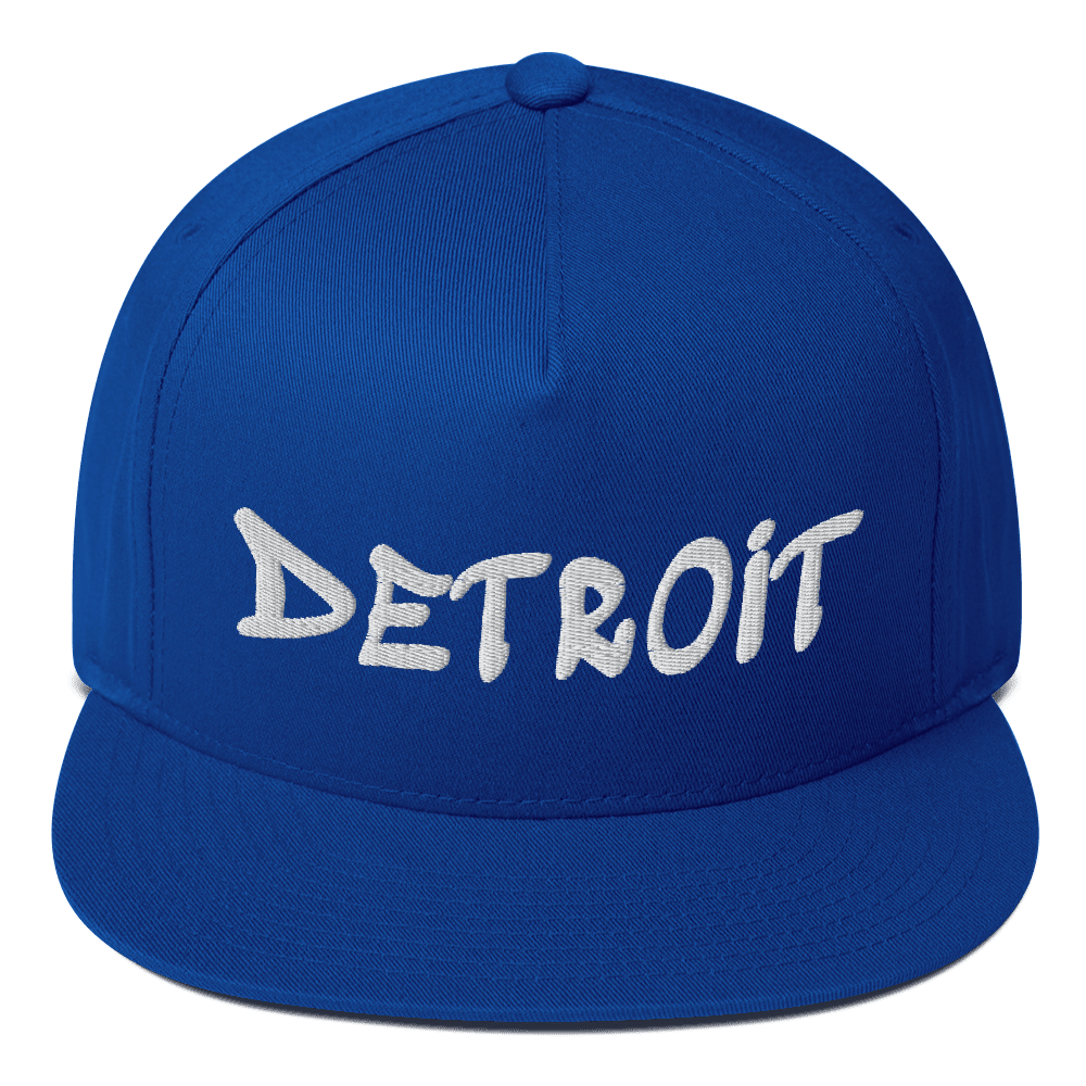 'Detroit' Flat Bill (1980's Hip Hop Font) | White/Black Embroidery - Circumspice Michigan