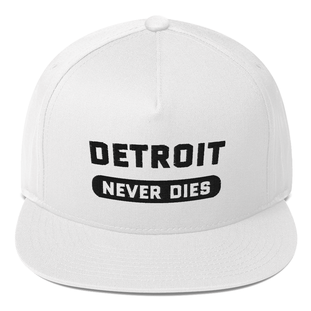 'Detroit Never Dies' Flat-Bill Cap | White/Black Embroidery - Circumspice Michigan