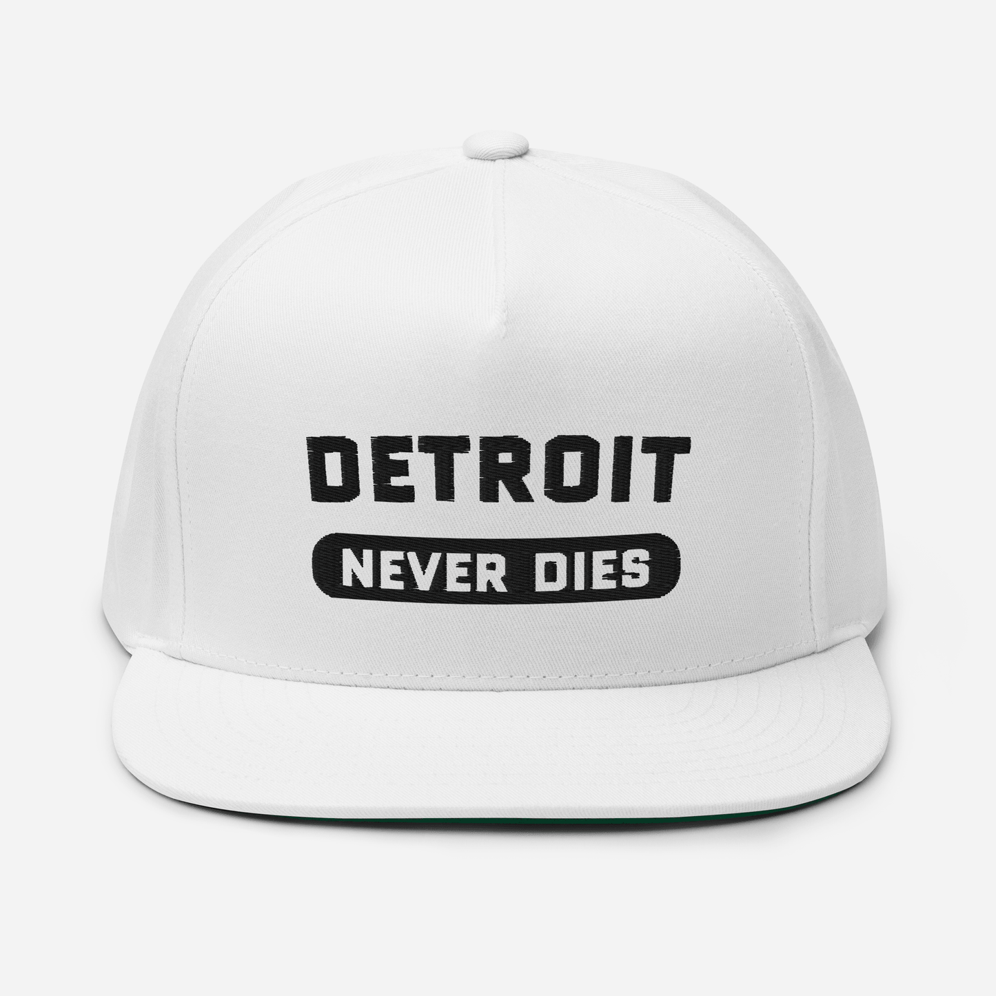 'Detroit Never Dies' Flat-Bill Cap | White/Black Embroidery - Circumspice Michigan