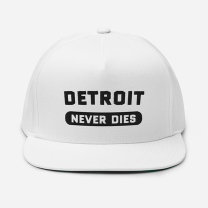 'Detroit Never Dies' Flat-Bill Cap | White/Black Embroidery - Circumspice Michigan