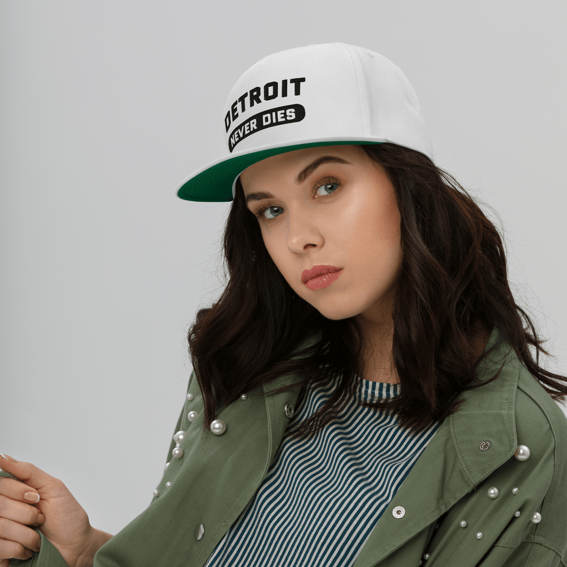 'Detroit Never Dies' Flat-Bill Cap | White/Black Embroidery - Circumspice Michigan