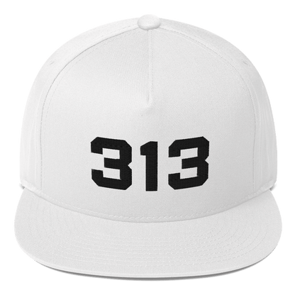 Detroit '313' Flat Bill Cap | White/Black Embroidery - Circumspice Michigan