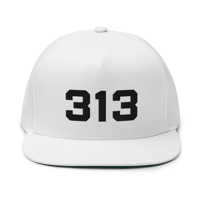 Detroit '313' Flat Bill Cap | White/Black Embroidery - Circumspice Michigan