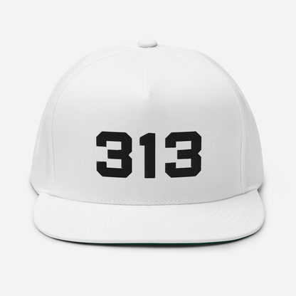 Detroit '313' Flat Bill Cap | White/Black Embroidery - Circumspice Michigan