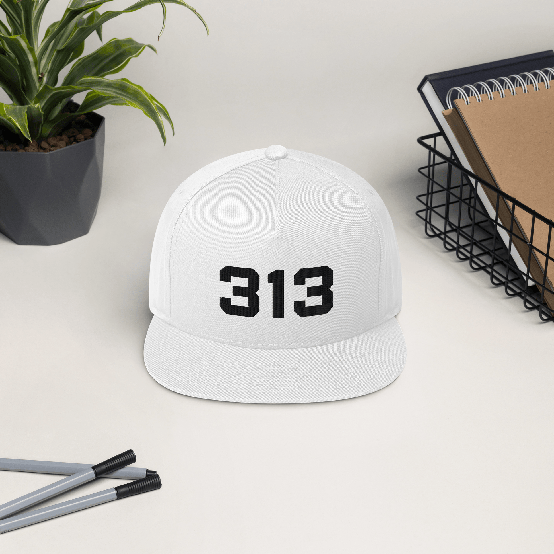 Detroit '313' Flat Bill Cap | White/Black Embroidery - Circumspice Michigan