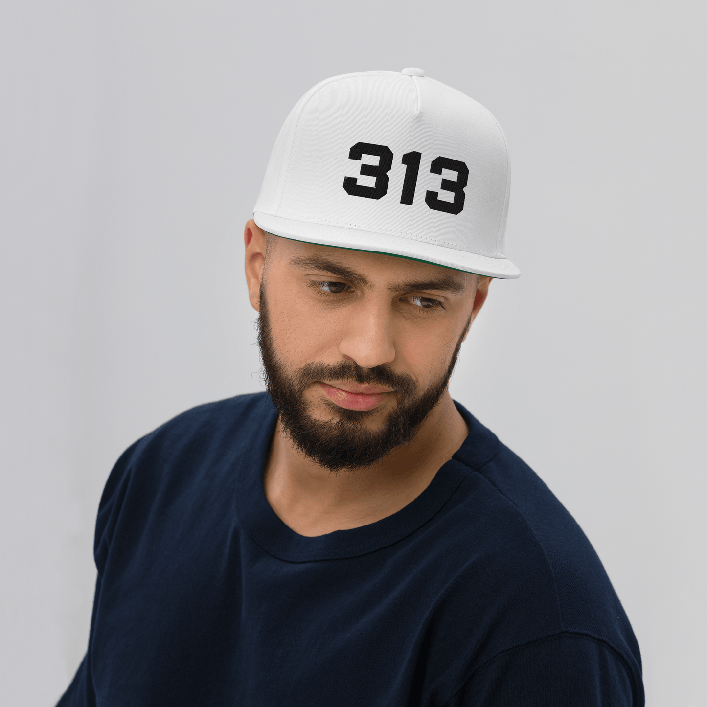 Detroit '313' Flat Bill Cap | White/Black Embroidery - Circumspice Michigan