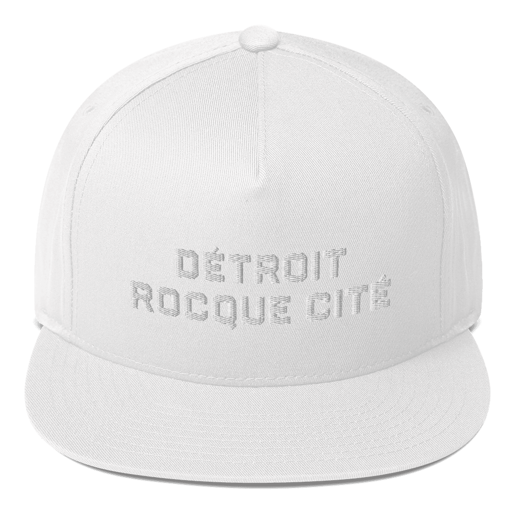 'Détroit Rocque Cité' Flat Bill Cap (Athletic Font) | White/Black Embroidery - Circumspice Michigan