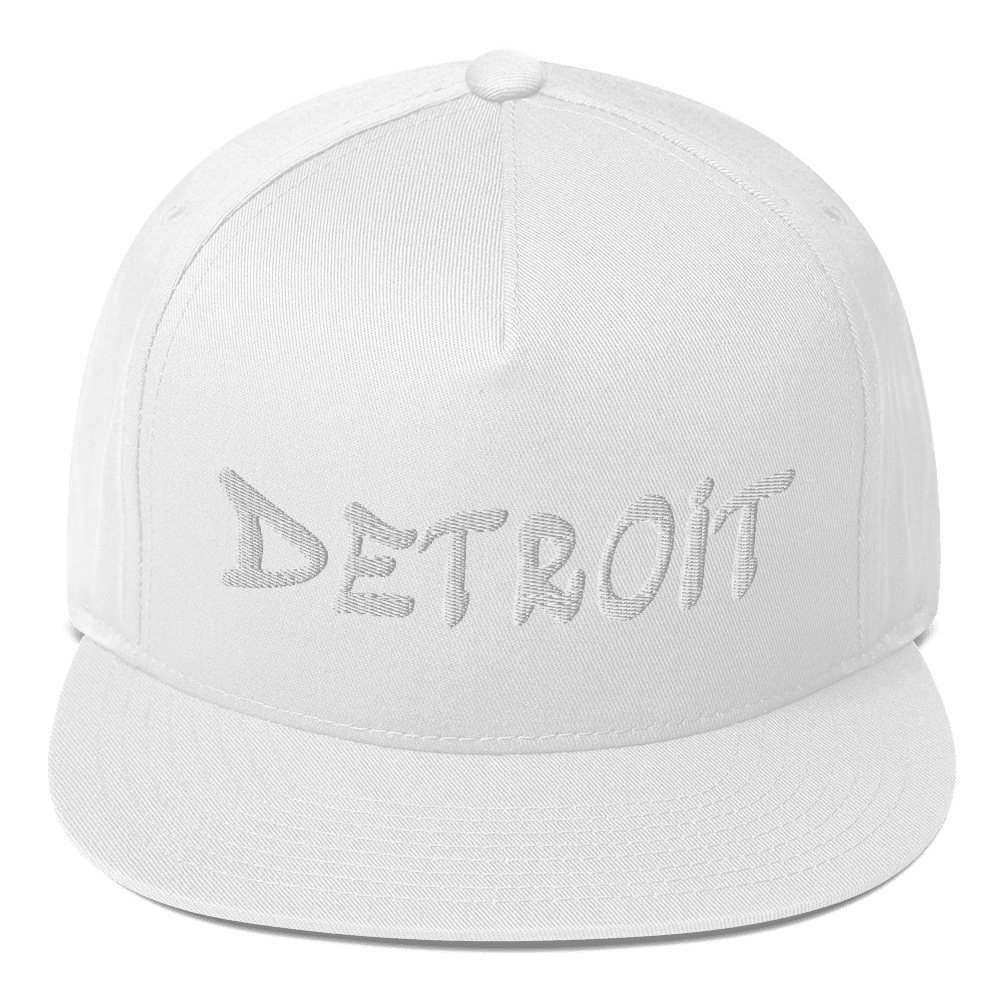 'Detroit' Flat Bill (1980's Hip Hop Font) | White/Black Embroidery - Circumspice Michigan