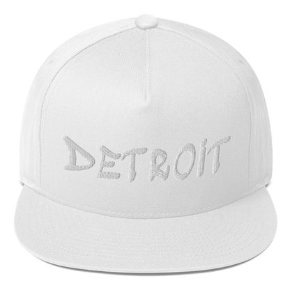 'Detroit' Flat Bill (1980's Hip Hop Font) | White/Black Embroidery - Circumspice Michigan