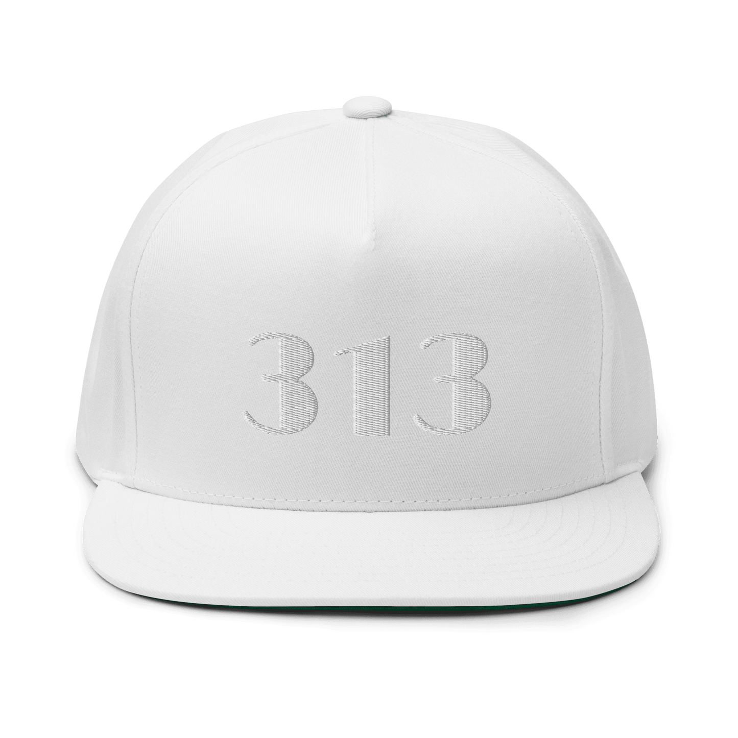 Detroit '313' Flat Bill Cap (Art Deco Font) | White/Black Embroidery - Circumspice Michigan