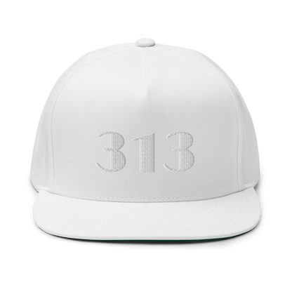 Detroit '313' Flat Bill Cap (Art Deco Font) | White/Black Embroidery - Circumspice Michigan