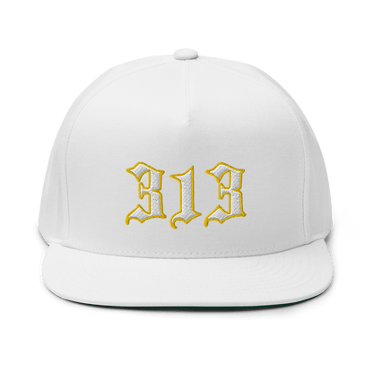 Detroit '313' Flat Bill Cap (Old English Font) | White/Gold Embroidery - Circumspice Michigan
