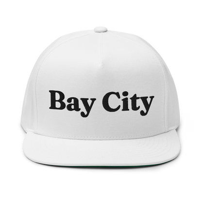 'Bay City' Flat Bill Snapback | Black/White Embroidery