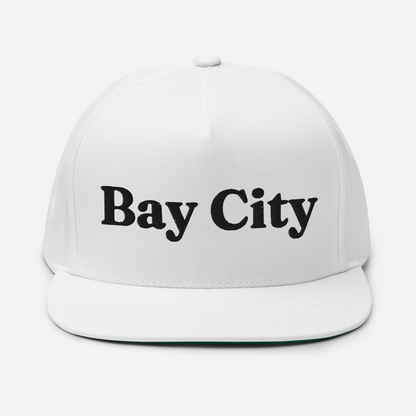 'Bay City' Flat Bill Snapback | Black/White Embroidery