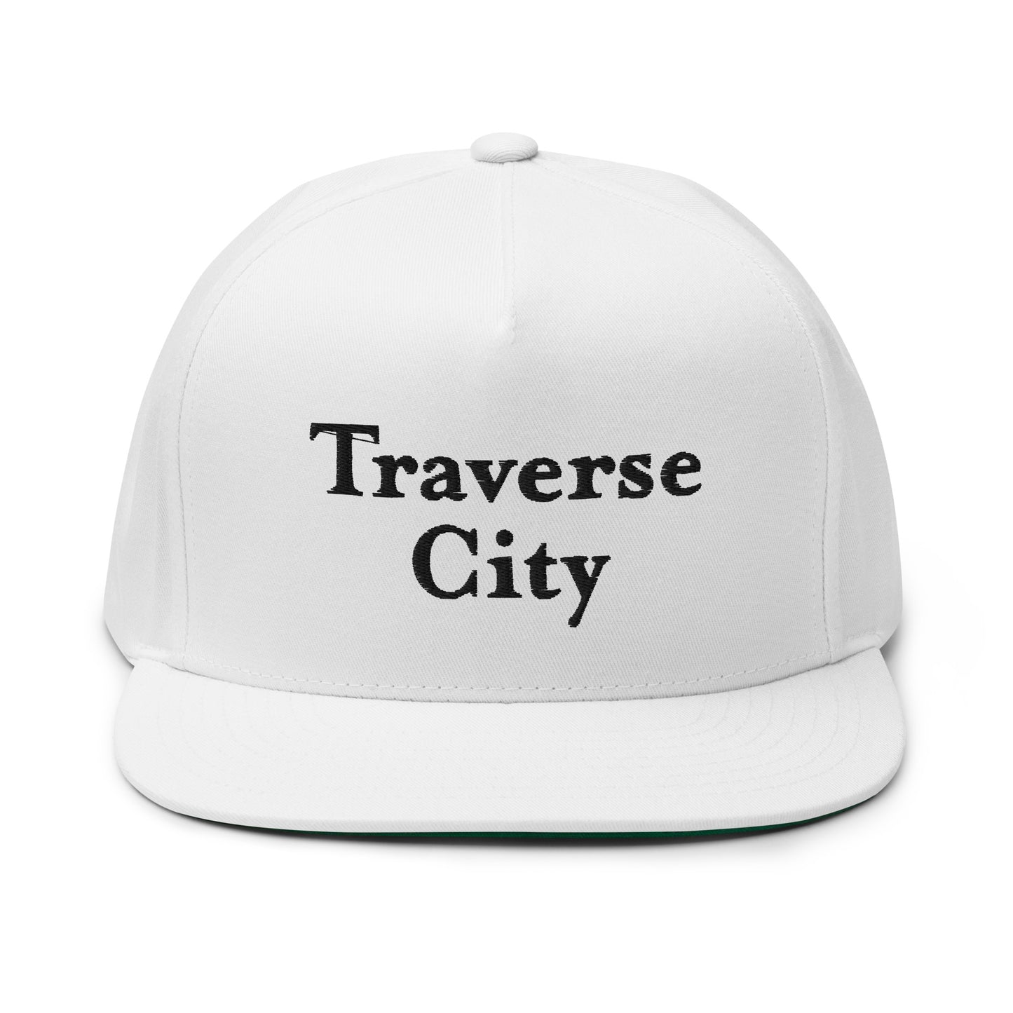 'Traverse City' Flat Bill Snapback | White/Black Embroidery