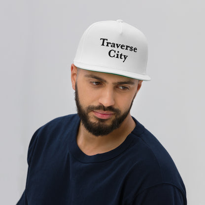 'Traverse City' Flat Bill Snapback | White/Black Embroidery