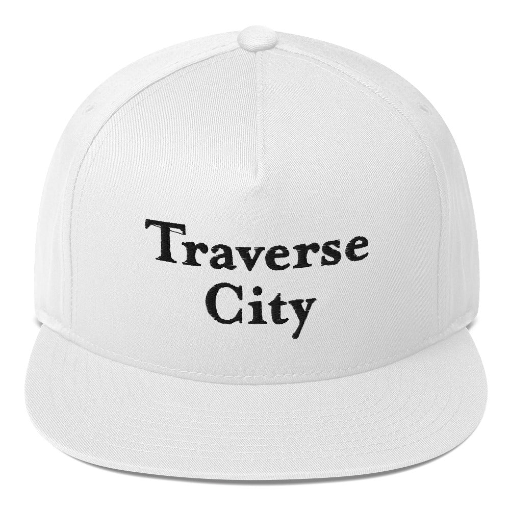 'Traverse City' Flat Bill Snapback | White/Black Embroidery