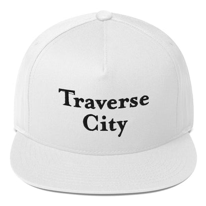 'Traverse City' Flat Bill Snapback | White/Black Embroidery