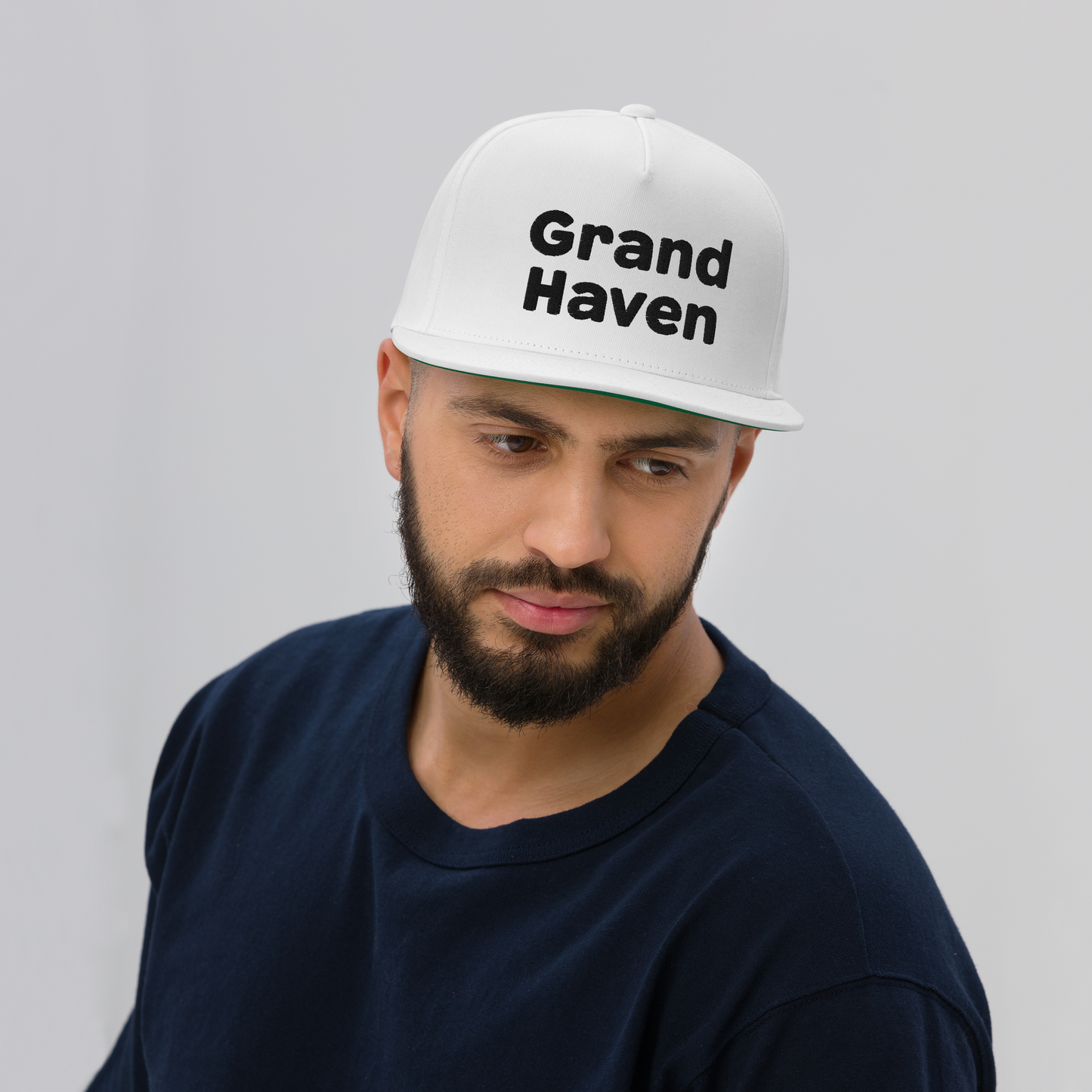 'Grand Haven' Flat Bill Snapback | White/Black Embroidery