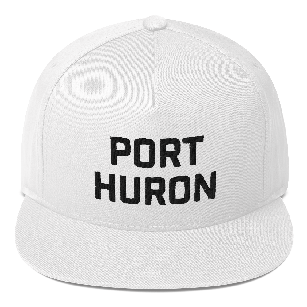 'Port Huron' Flat Bill Snapback | White/Black Embroidery