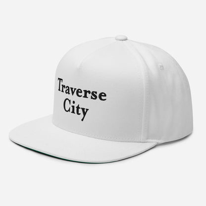 'Traverse City' Flat Bill Snapback | White/Black Embroidery