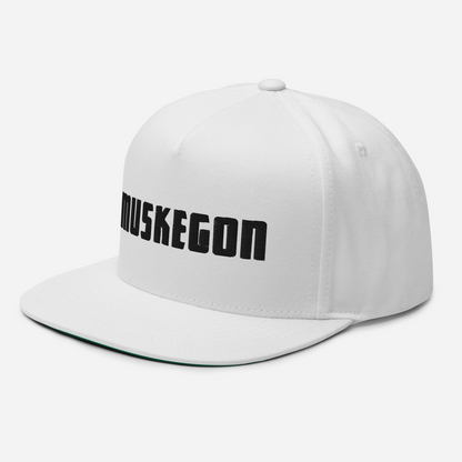 'Muskegon' Flat Bill Snapback | White/Black Embroidery