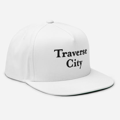 'Traverse City' Flat Bill Snapback | White/Black Embroidery