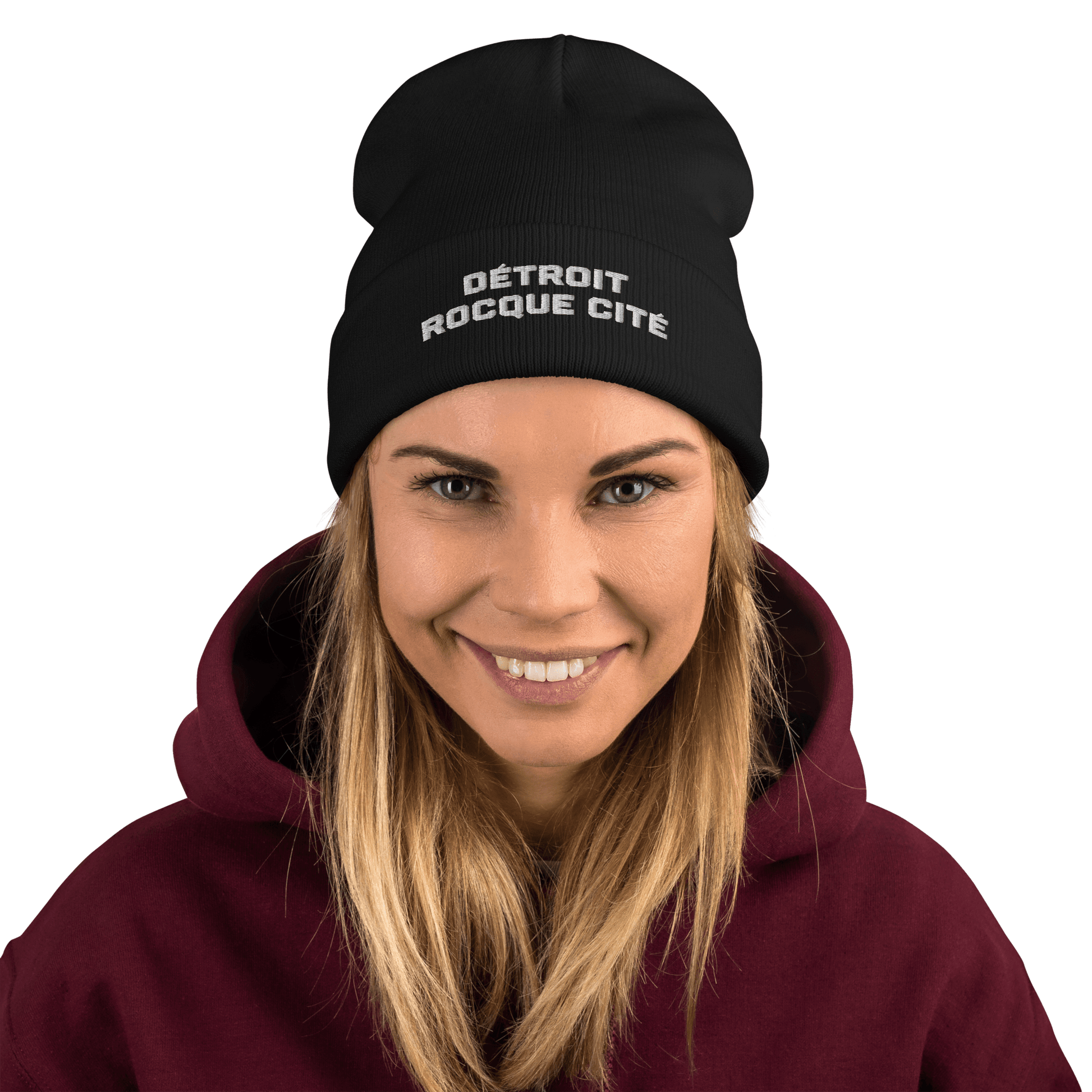 'Détroit Rocque Cité' Winter Beanie | White Embroidery - Circumspice Michigan