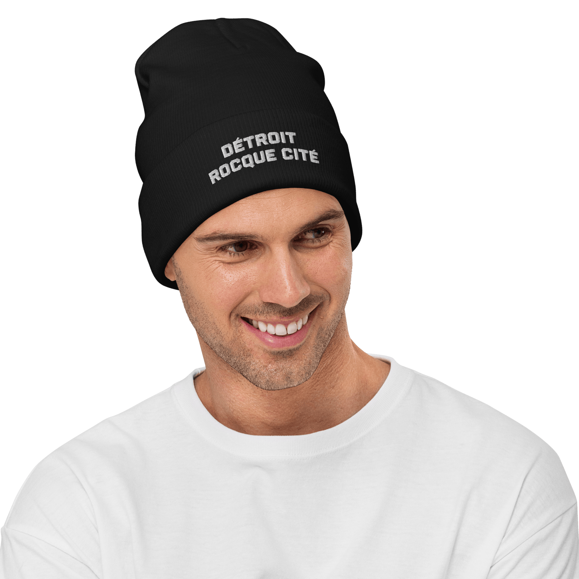 'Détroit Rocque Cité' Winter Beanie | White Embroidery - Circumspice Michigan